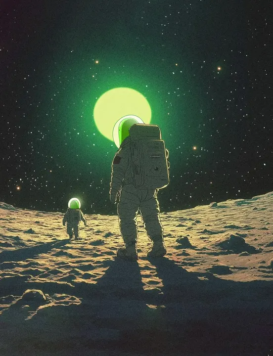 An astronaut and a tiny Glub on the moon