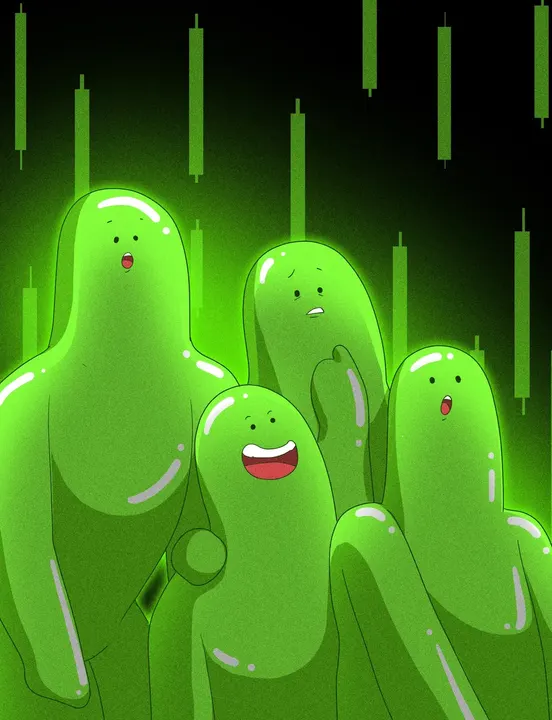 A crowd of happy Glubs glowing together